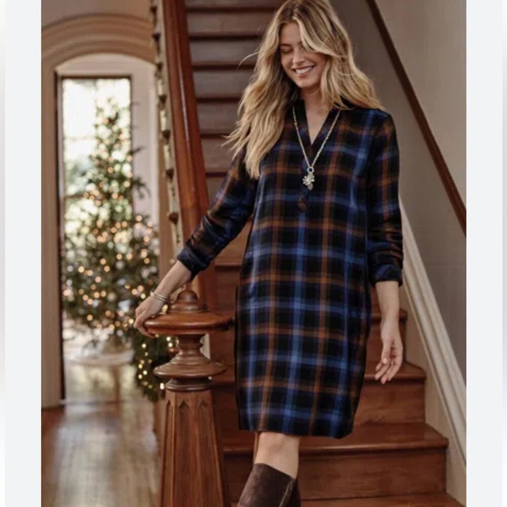NWT J. Jill Plaid Split-neck Dress In Black Multi flannel Sz S